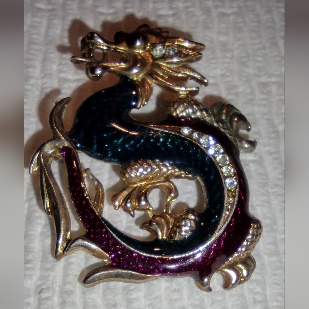 Vintage enameled oriental dragon brooch
